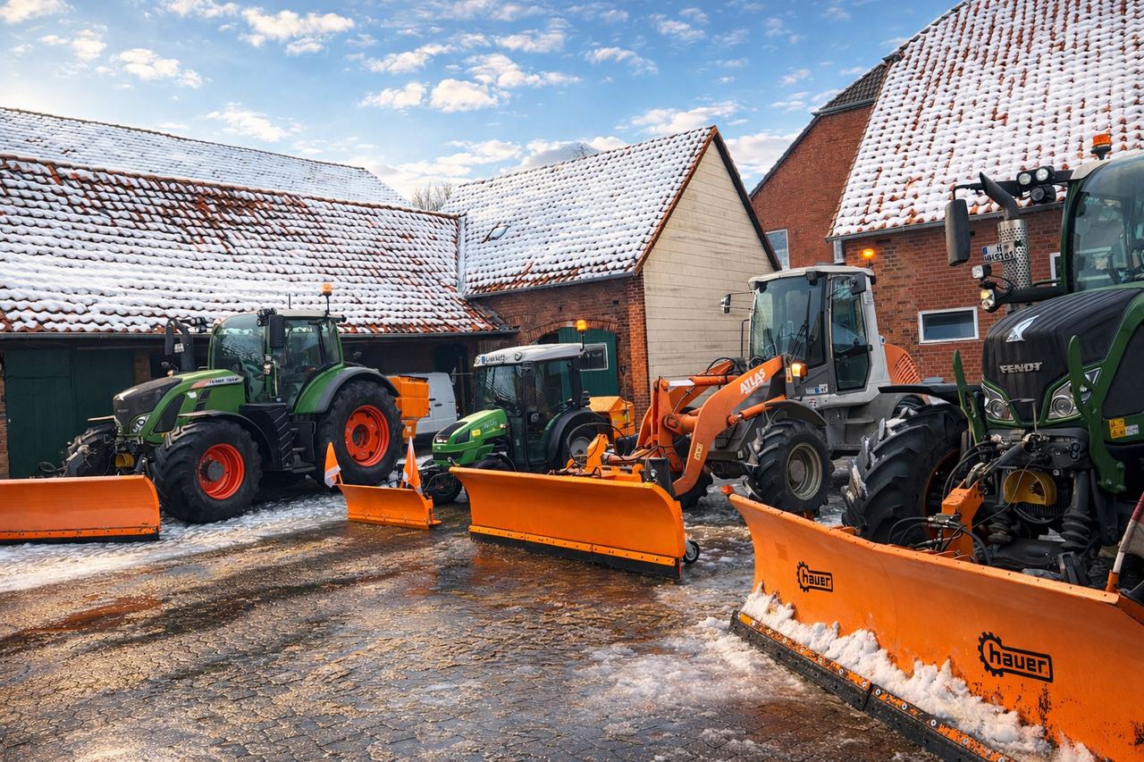 Fuhrpark mit Traktoren und Radlader mit Schneepflügen auf dem Betriebshof im Winter